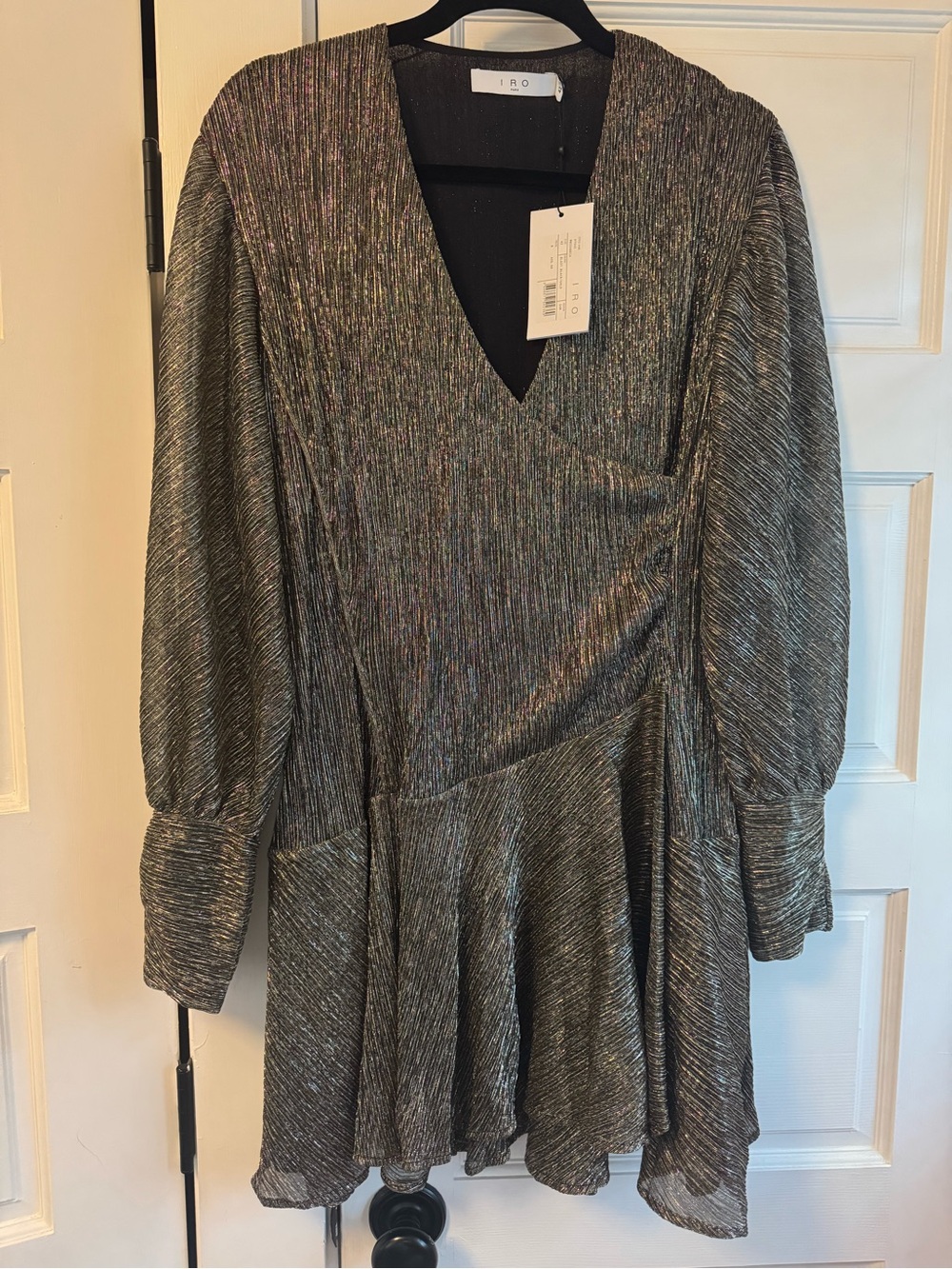 IRO NWT Metallic Black/Gold V-Neck Long Sleeve Mini Dress